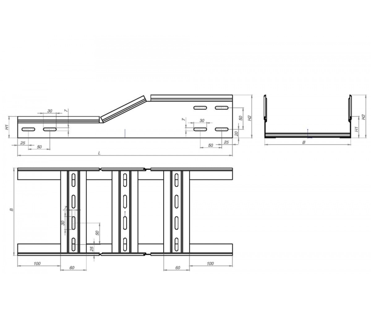Переход по высоте замковый для лестничного лотка НПВЗэц-150 Н60хН150-1,2 электрохимическое цинкование