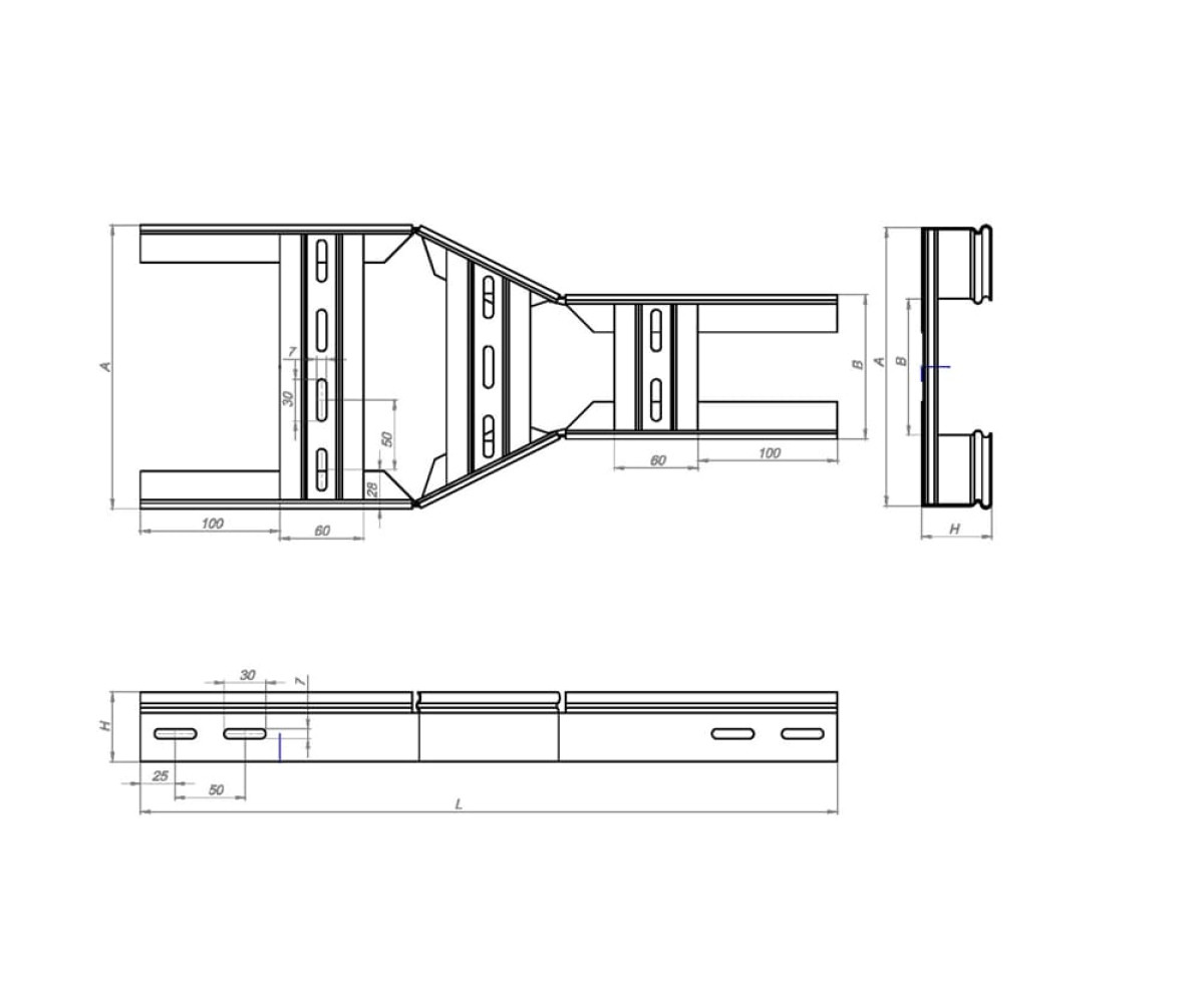Переход прямой центральный замковый для лестничного лоткаНППЦЗэц-500х300 Н100-1,5 электрохимическое цинкование