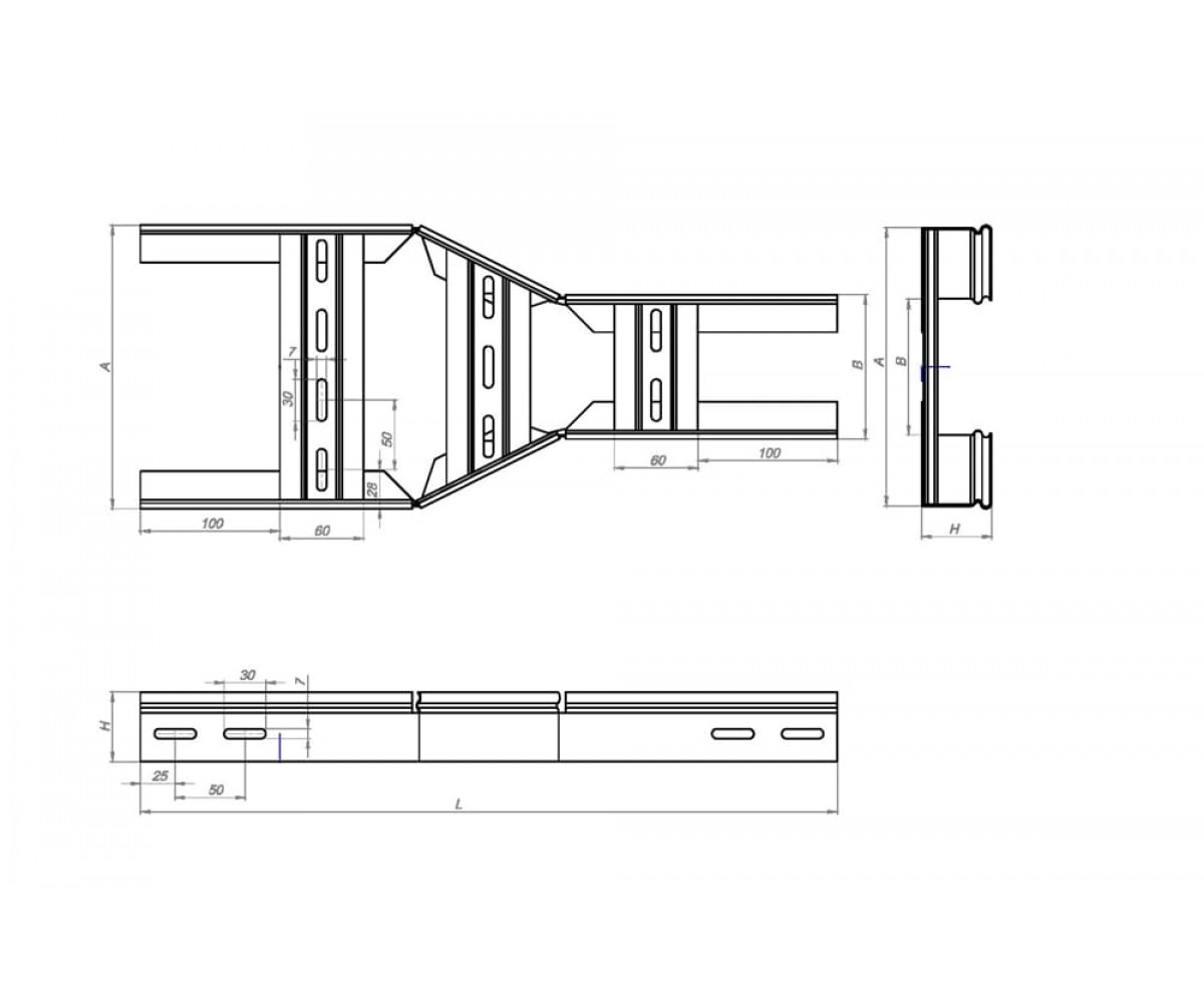Переход прямой центральный замковый для лестничного лотка НППЦЗгц-1000х150 Н50-1,2 горячеоцинкованный