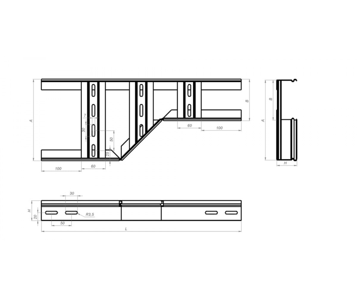 Переход прямой левый замковый для лестничного лотка НППЛЗгц-600х400 Н100-1,2 горячеоцинкованный
