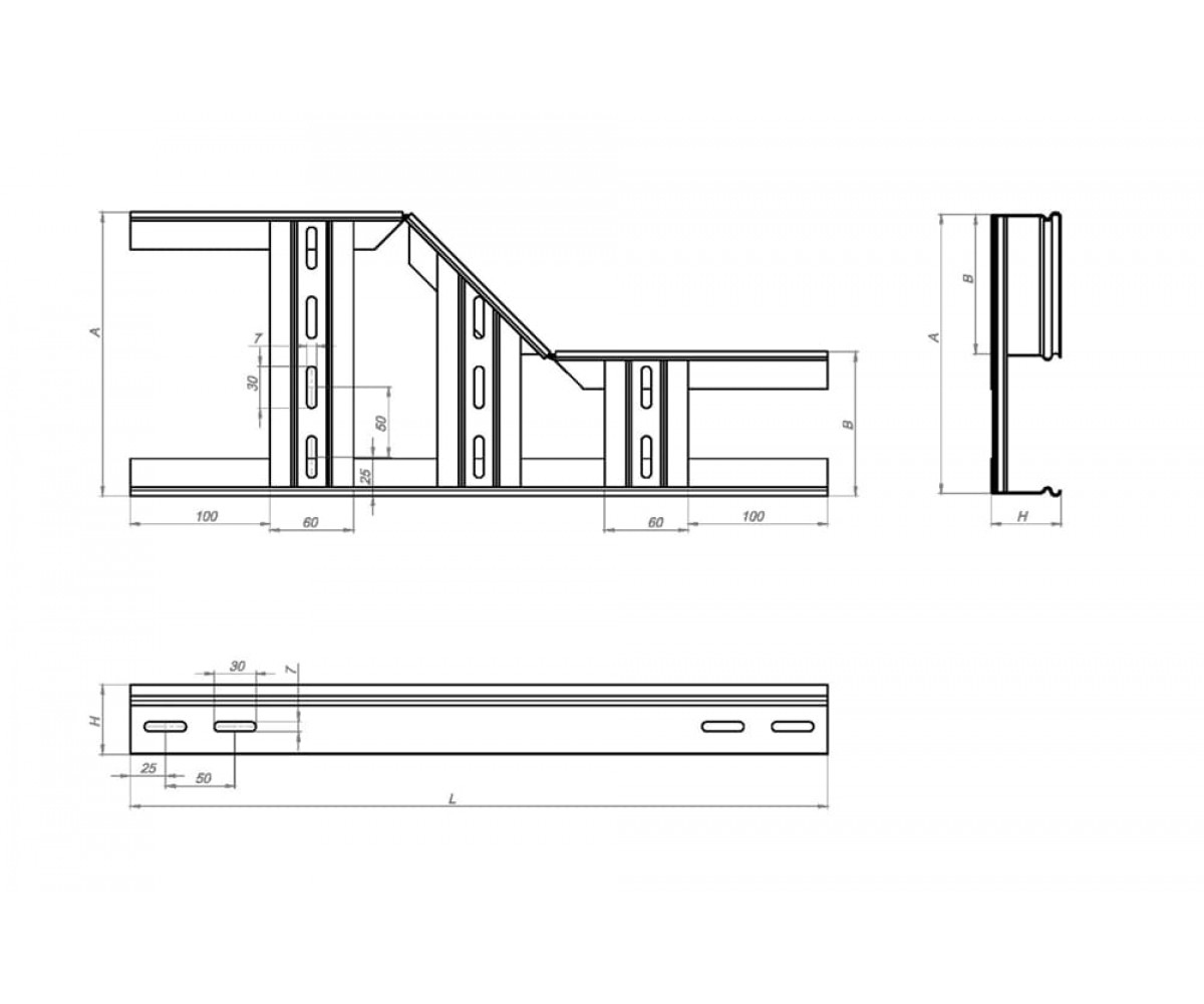Переход прямой правый замковый для лестничного лотка НПППЗ-1000х400 Н200-1,2 оцинкованный