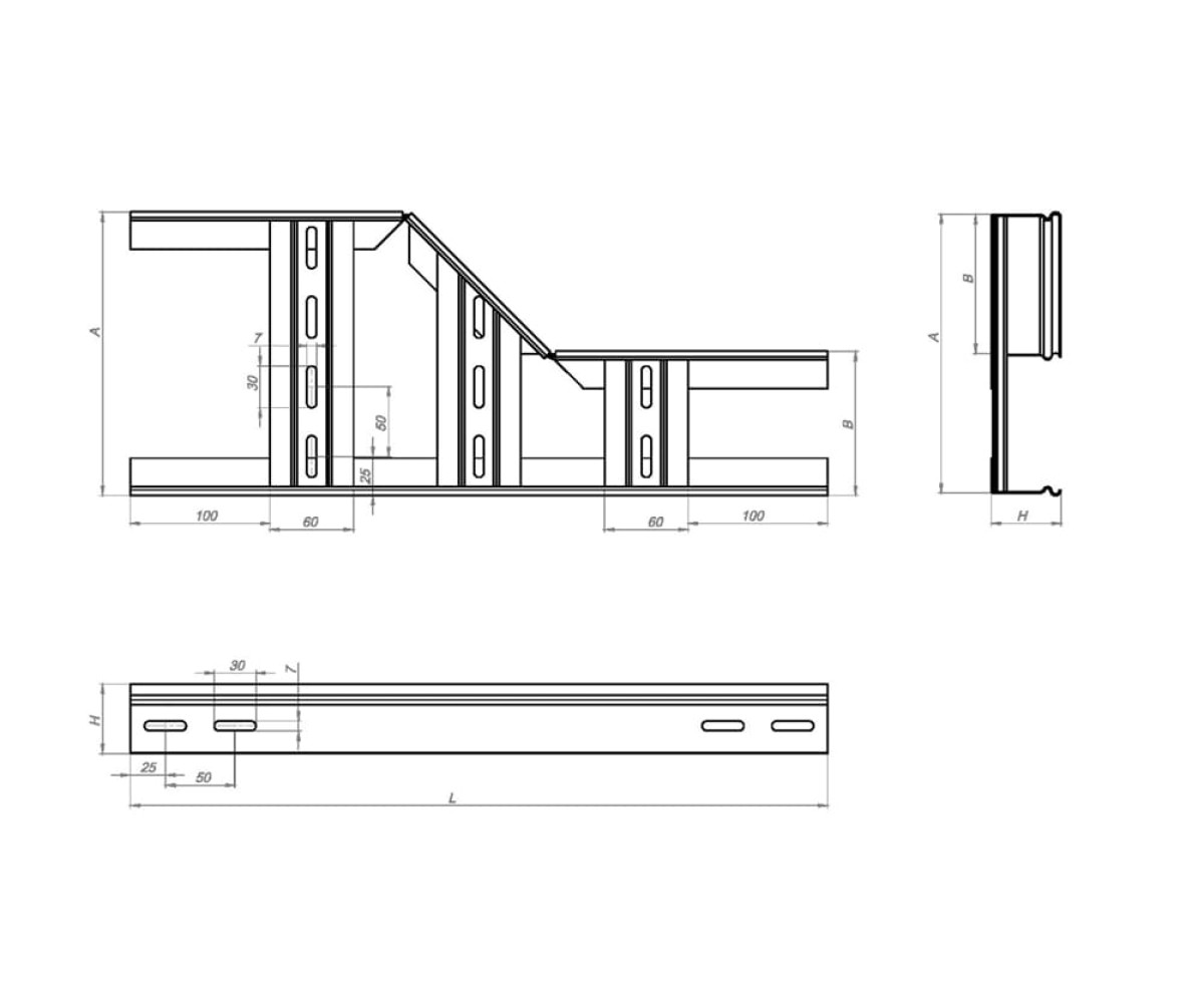 Переход прямой правый замковый для лестничного лотка НПППЗ-600х300 Н100-1,5 оцинкованный