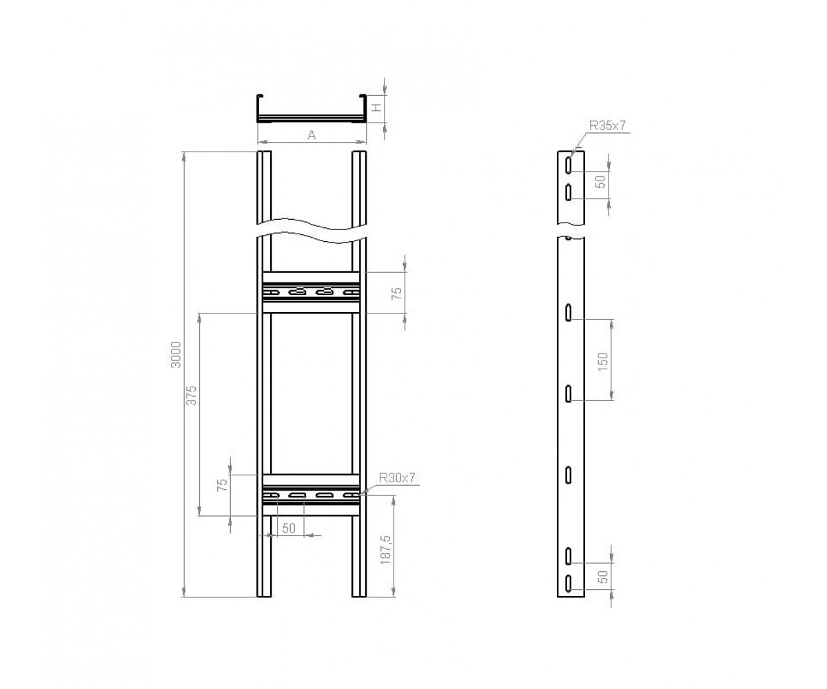Лестничный лоток монтажный горячеоцинкованный НЛгц-1000х80-2,0-6000