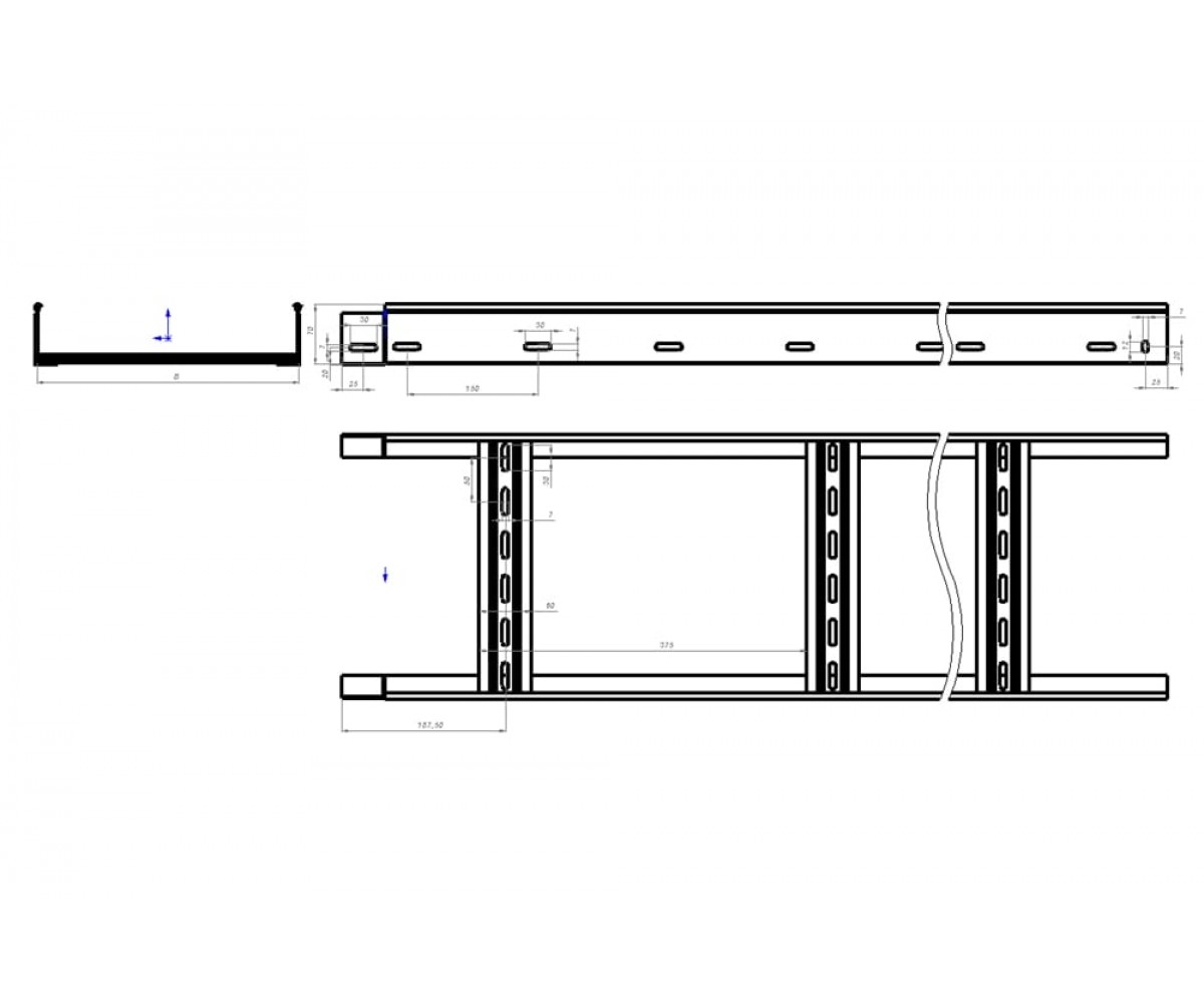 Лестничный лоток замковый с боковой перфорацией горячеоцинкованный НЛЗгц-150х70-1,2-3000