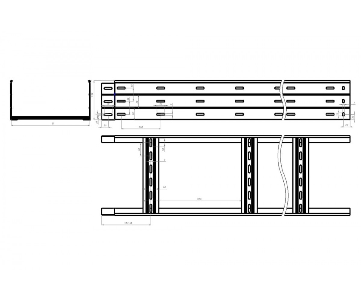 Лестничный лоток замковый с боковой перфорацией горячеоцинкованный НЛЗгц-800х150-1,2-3000