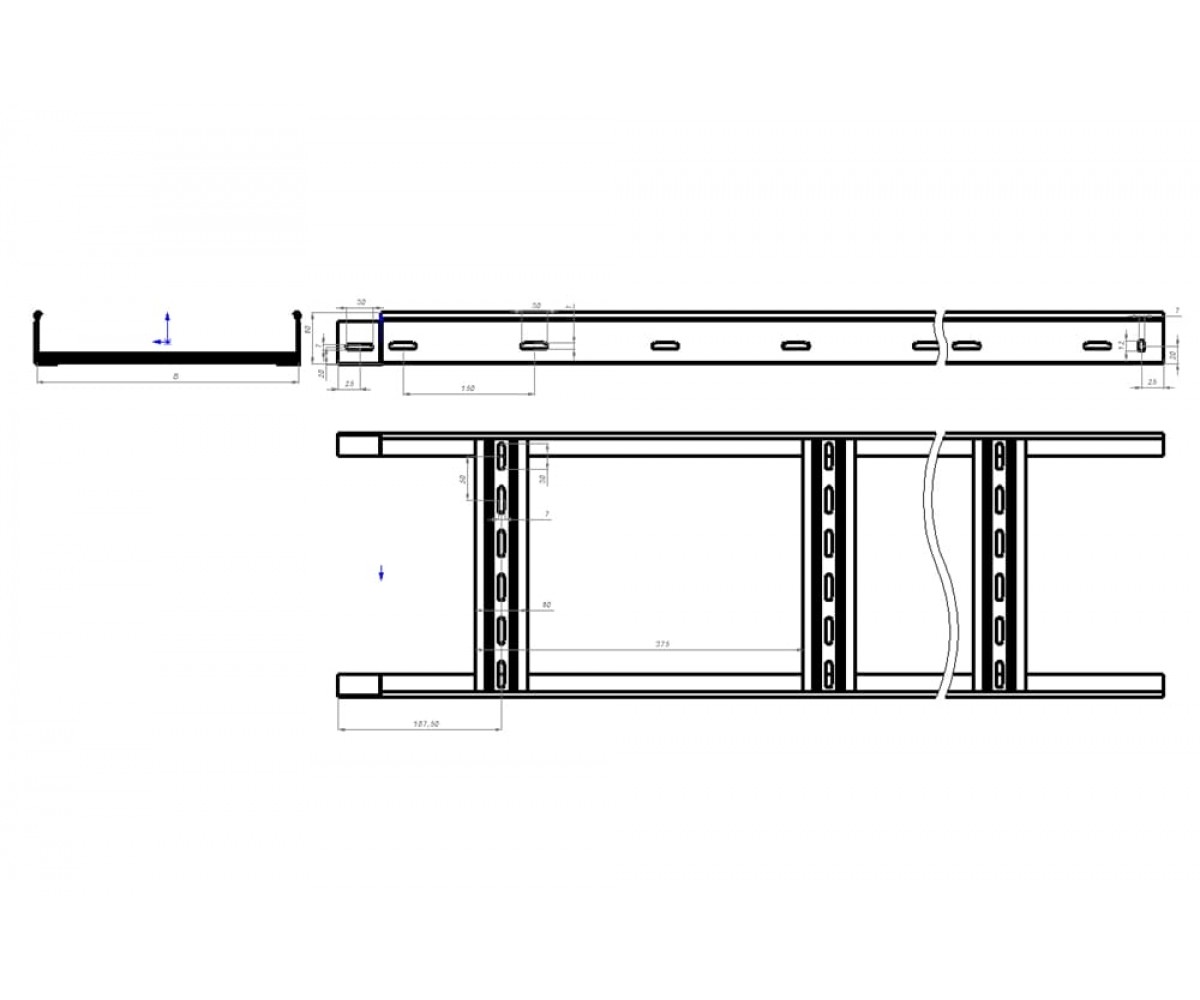 Лестничный лоток замковый с боковой перфорацией нержавеющая сталь НЛЗн-800х60-1,5-6000 AISI 304