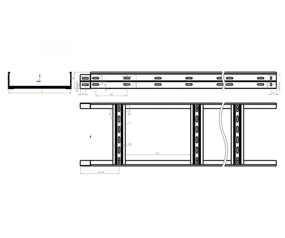 Лестничный лоток замковый с боковой перфорацией нержавеющая сталь НЛЗн-900х80-1,2-6000 AISI 304