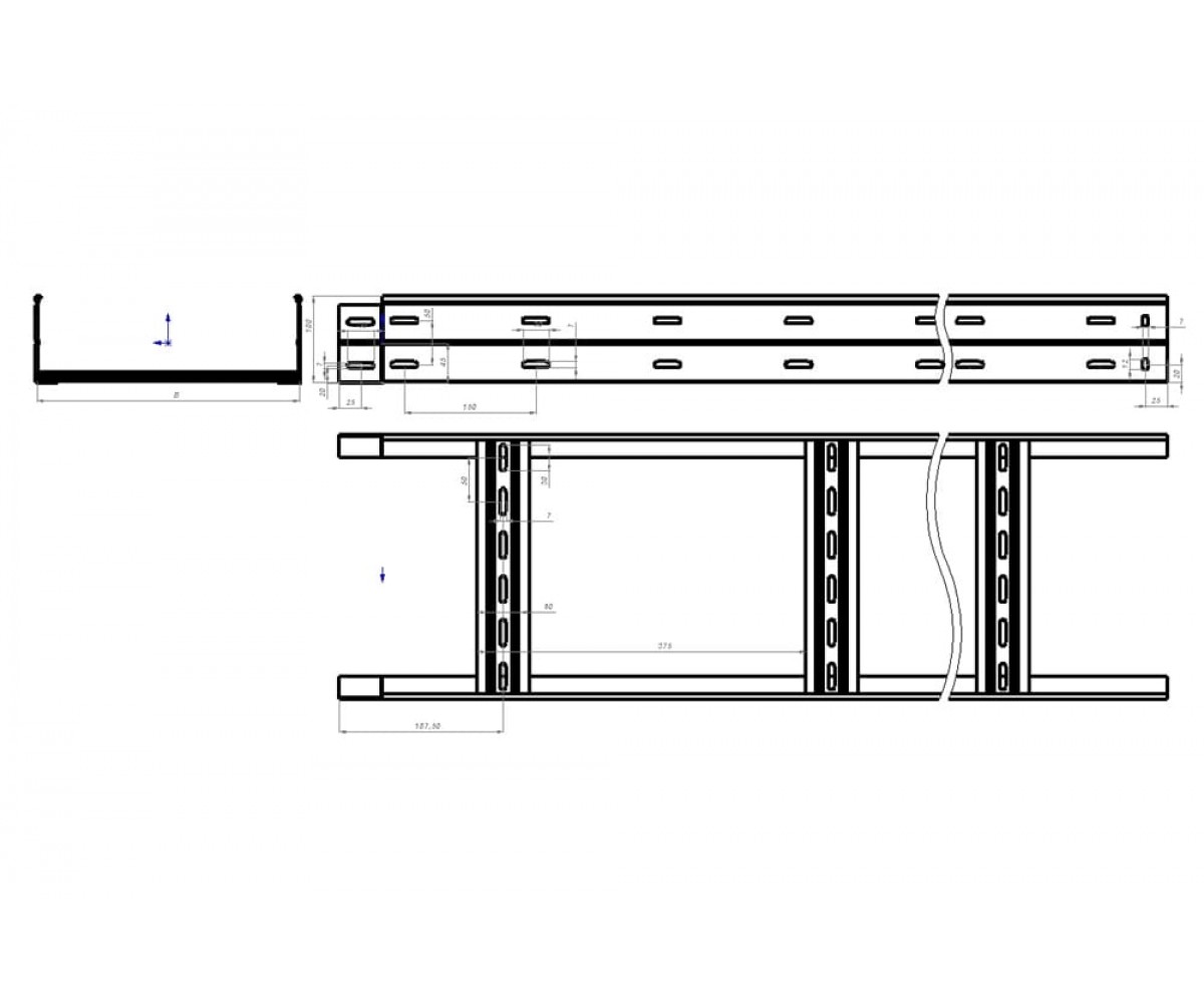 Лестничный лоток замковый с боковой перфорацией оцинкованный НЛЗ-300х100-1,5-6000