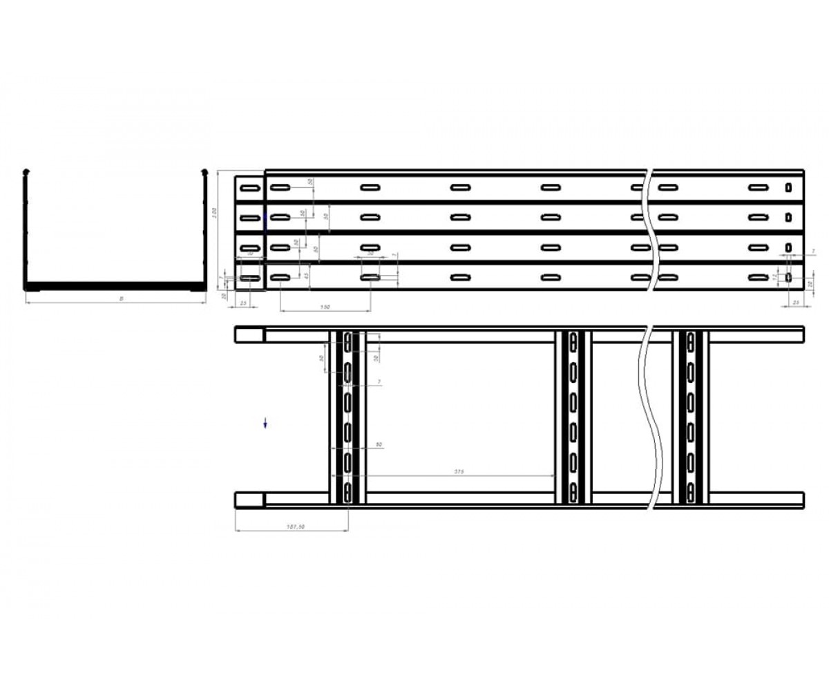 Лестничный лоток замковый с боковой перфорацией оцинкованный НЛЗ-500х200-1,5-6000