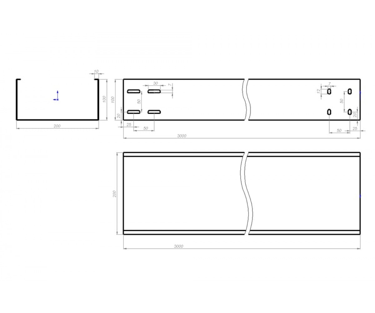 Лоток неперфорированный монтажный холоднокатаный ЛМхк-200х100-2,0-3000