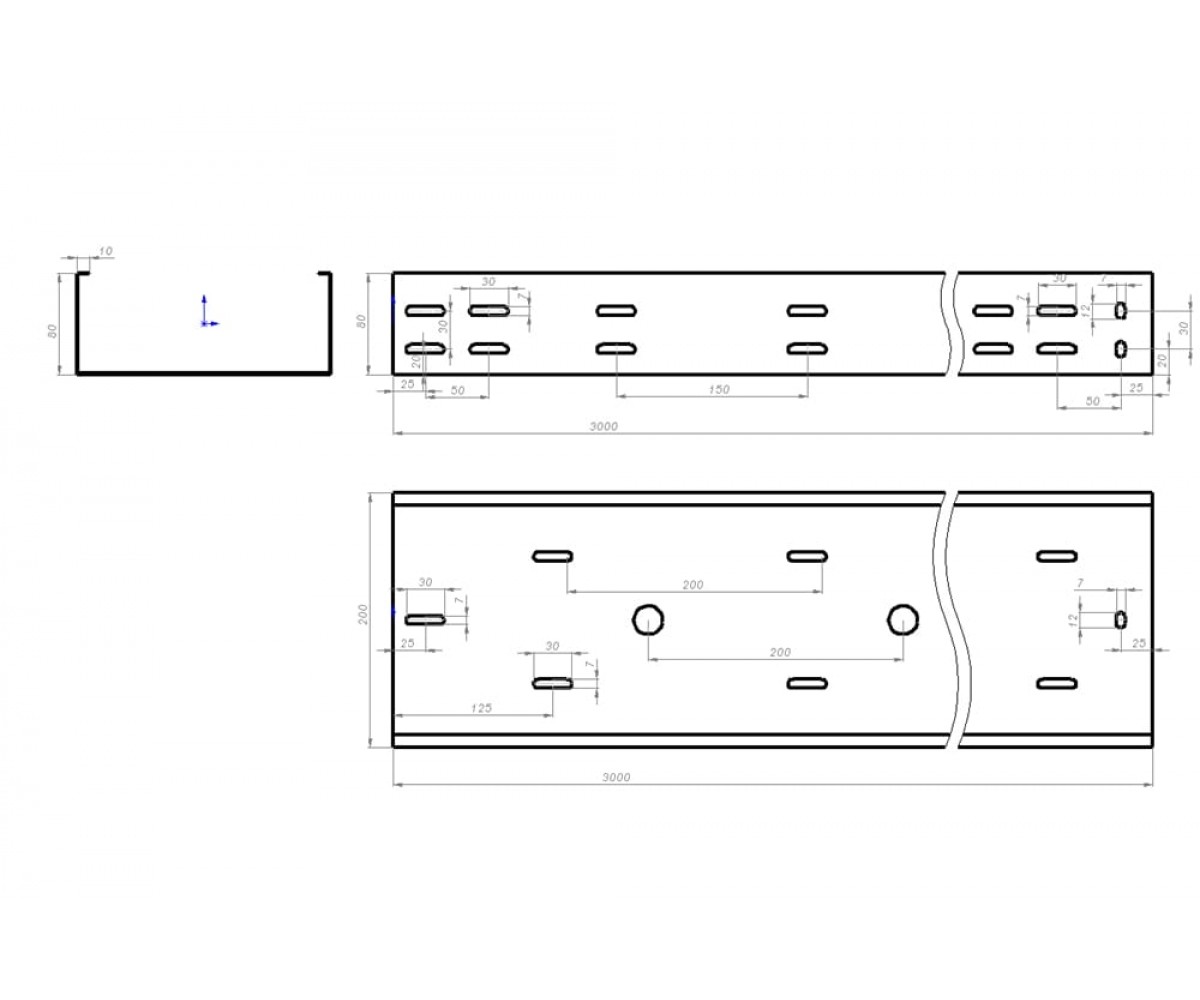 Лоток перфорированный монтажный оцинкованный ЛПМ-200х80-2,0-3000