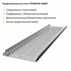 Лоток перфорированный металлический замковый ПРЕМИУМ ЛИДЕР холоднокатаный ЛПМЗ(П)хк-400х50-1,0-2000