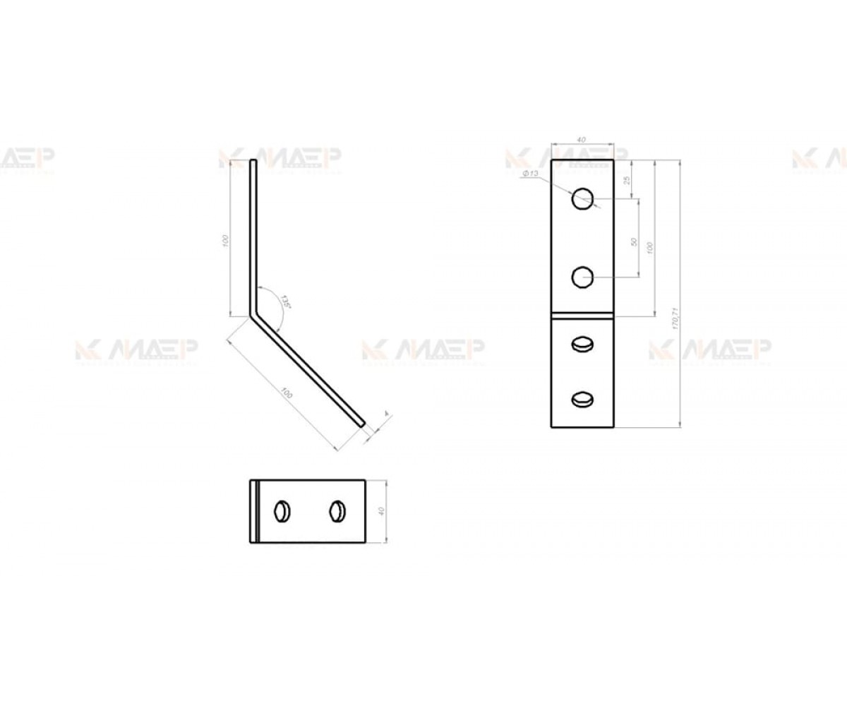 Пластина монтажная L-образная (4мм), 2+2 отверстия 135 град, электрохимическое цинкование, ПМэц MSA614(2+2)у