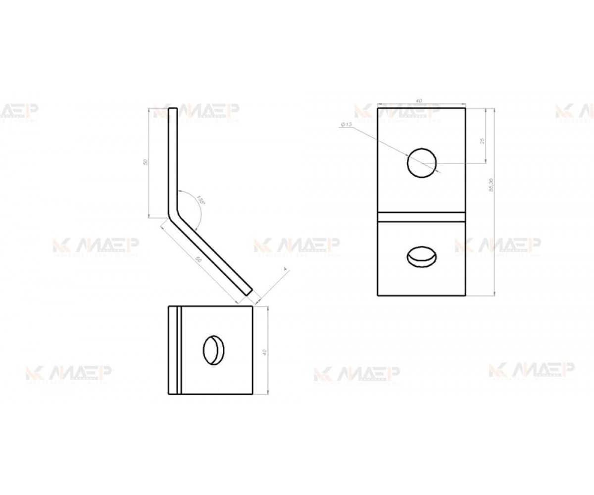 Пластина монтажная L-образная (4мм), 1+1 отверстия 135 град, электрохимическое цинкование, ПМэц MSA614(1+1)у