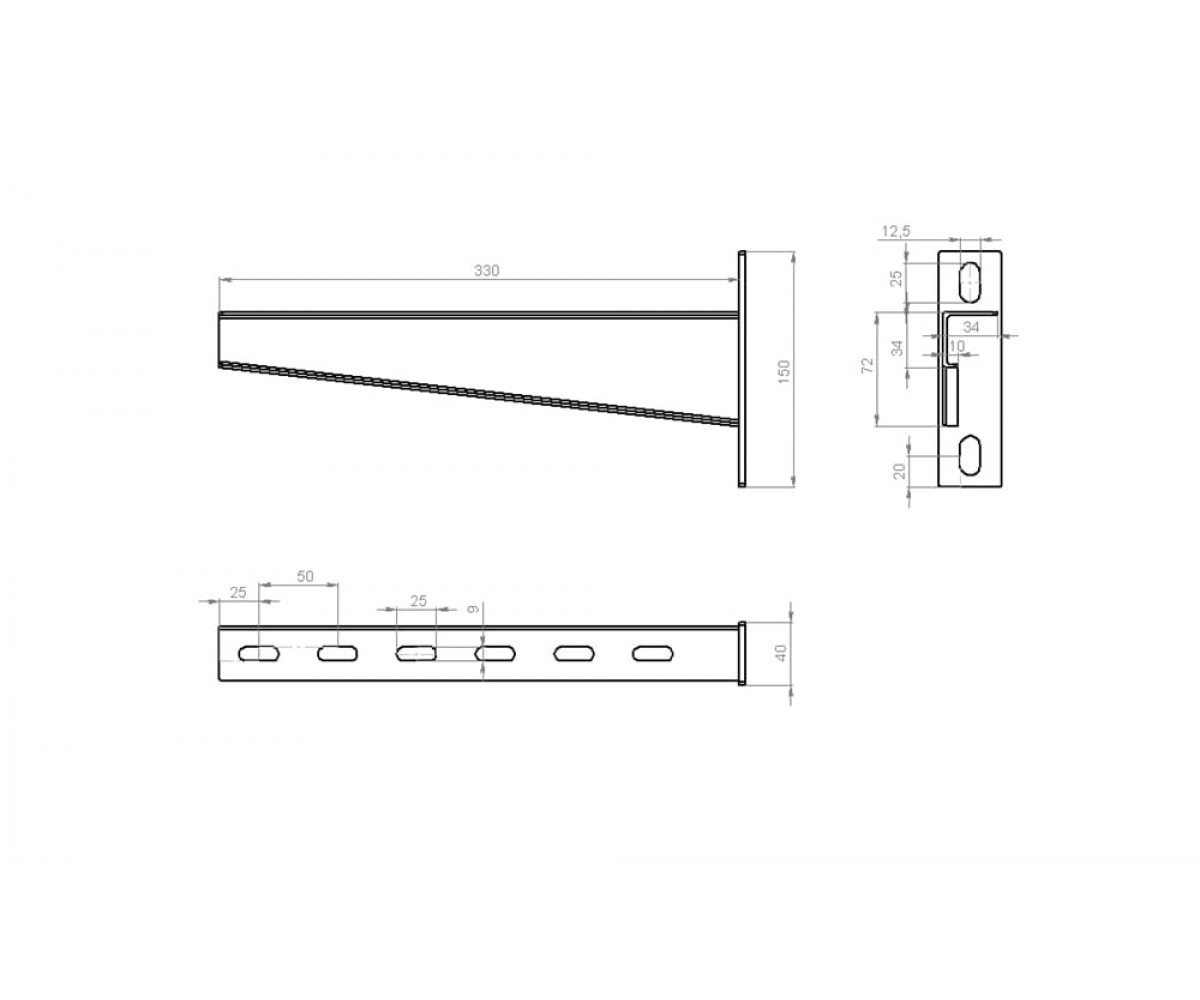 Настенный кронштейн усиленный средней нагрузки 330мм S=2,0мм основание (150х40х4,0) холоднокатаный НКУхк(сн)-300