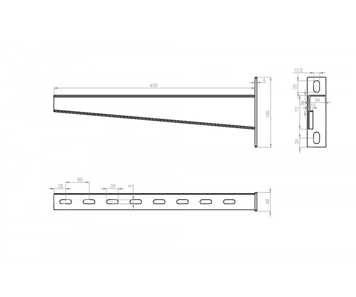 Настенный кронштейн усиленный малой нагрузки 430мм S=1,5мм основание (150х40х4,0) холоднокатаный НКУхк(мн)-400