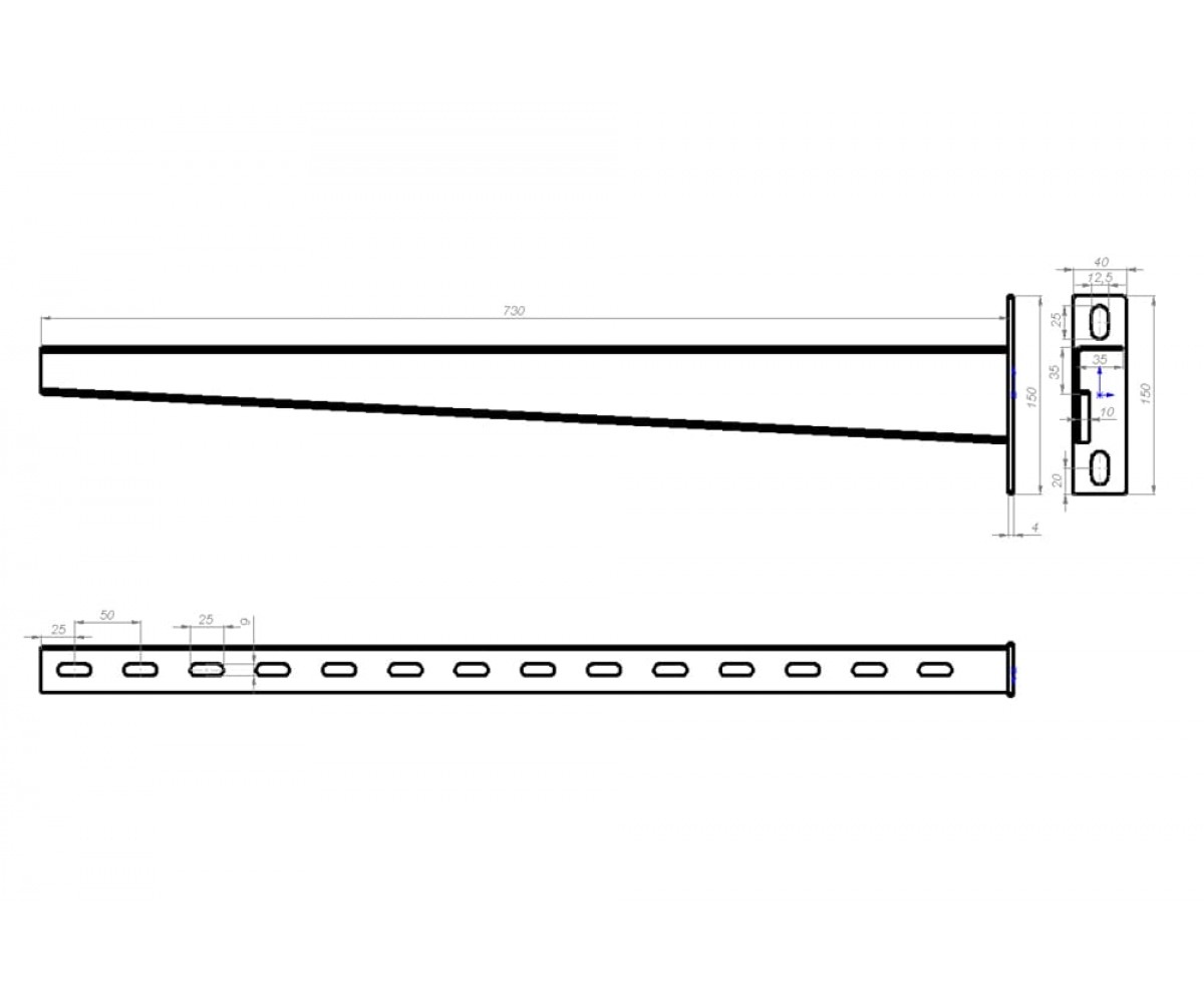 Настенный кронштейн усиленный сверхвысокой нагрузки 730мм S=3,0мм основание (150х40х6,0) холоднокатаный НКУхк(свн)-700