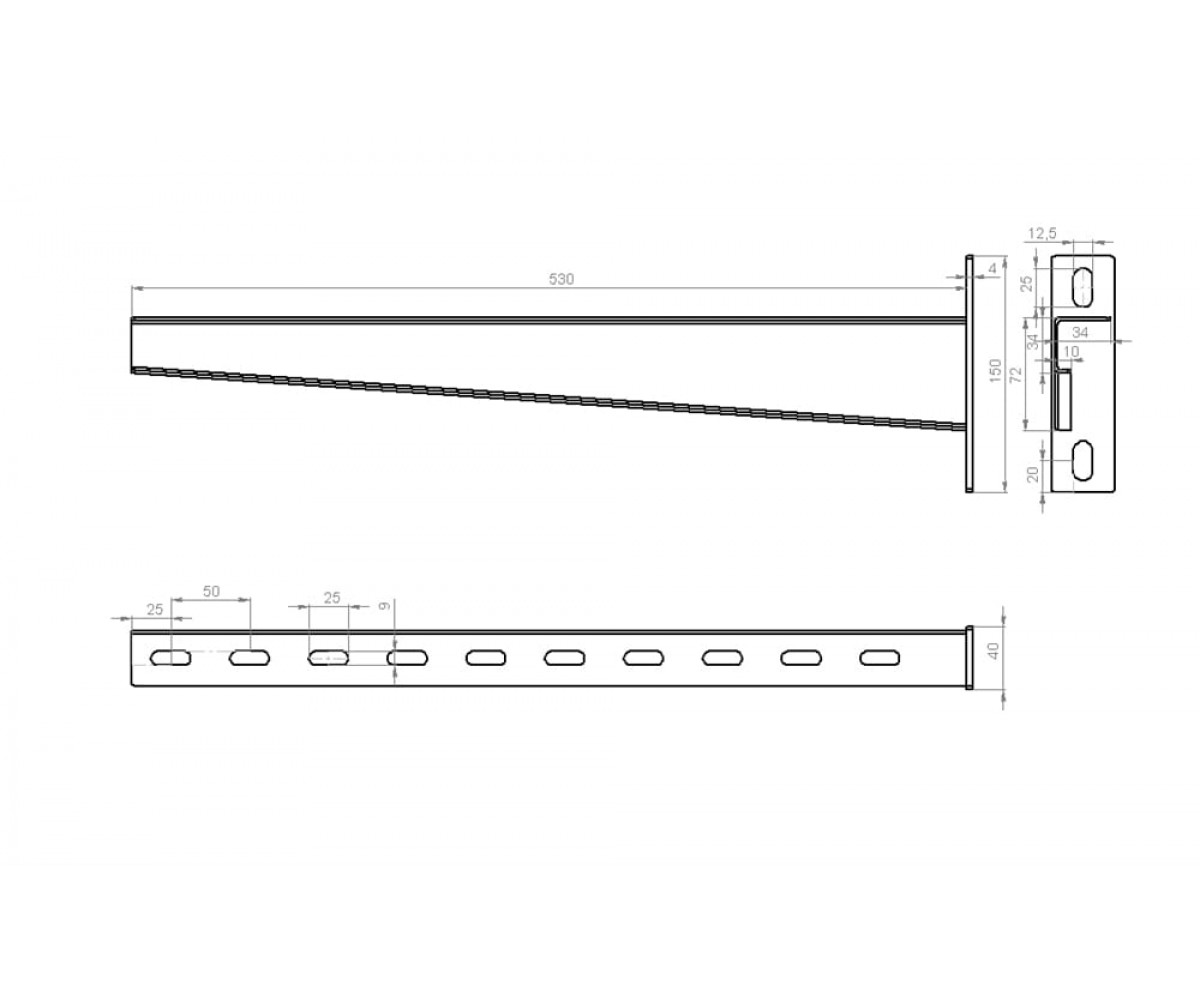 Настенный кронштейн усиленный высокой нагрузки 530мм S=2,5мм основание (150х40х6,0) холоднокатаный НКУхк(вн)-500