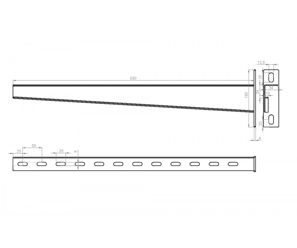 Настенный кронштейн усиленный высокой нагрузки 630мм S=2,5мм основание (150х40х6,0) электрохимическое цинкование НКУэц(вн)-600