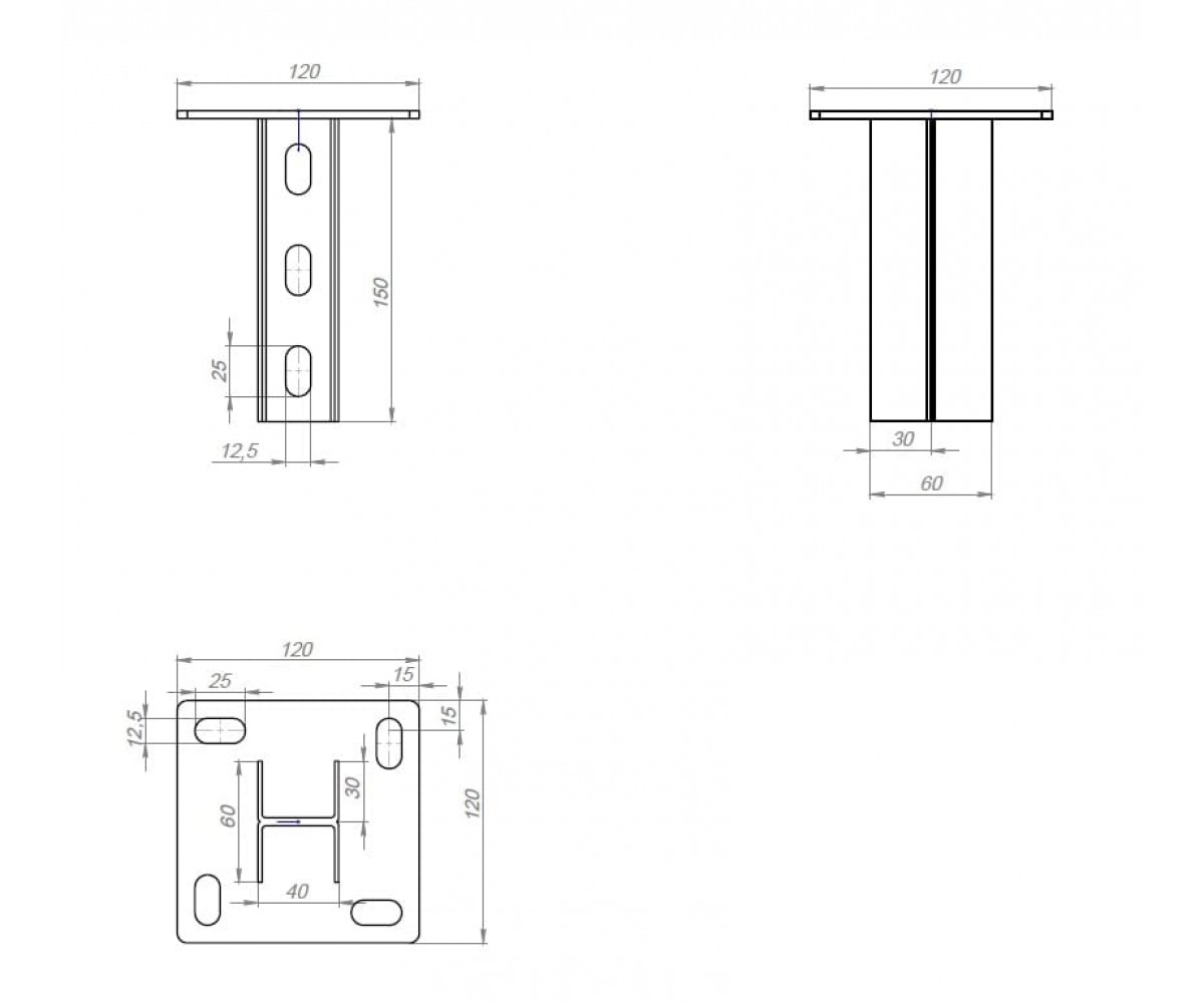 Опора двойная вертикальная 150мм (44х30х2,5) основание (120х120х4,0) ОВ9(вн) 150 оцинкованная