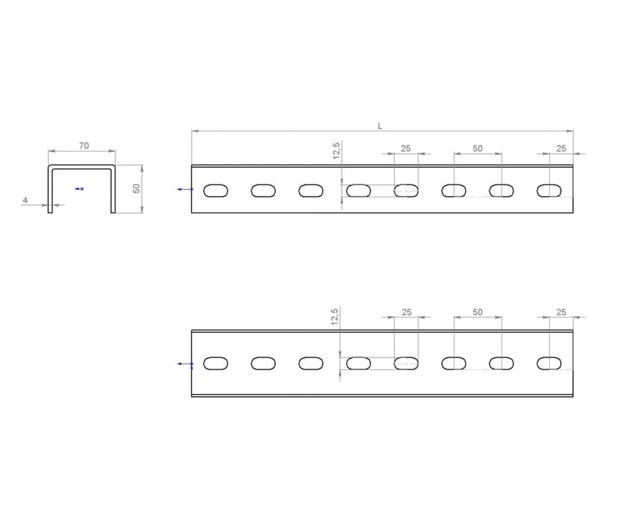 Швеллер перфорированный по трём сторонам электрохимическое цинкование ПШВ3эц-70х50-4,0-1200