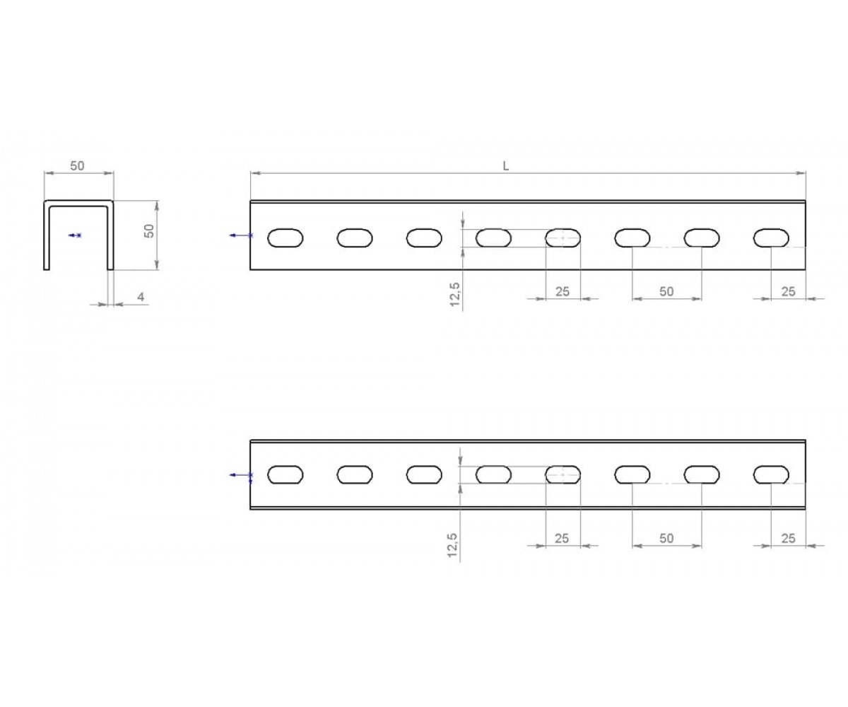 Швеллер перфорированный по трём сторонам горячеоцинкованный ПШВ3гц-50х50-2,5-1400