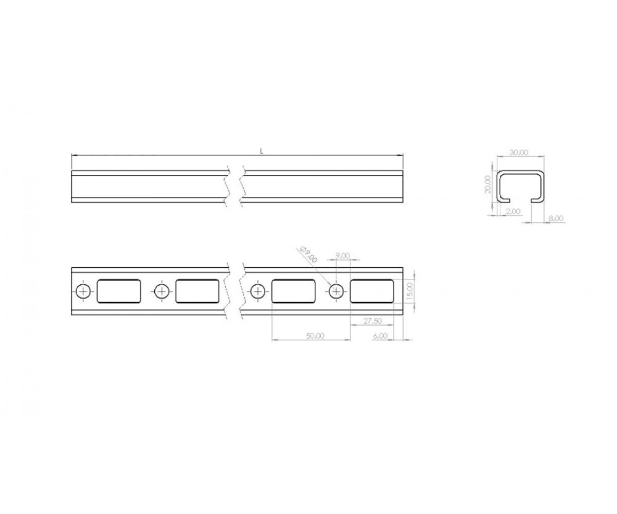 Профиль перф. С-образный оцинкованный (перф. круг прямоугольник большой CabLiderRapid) ПЛ-С(кпб)-30х20-1,5-2000