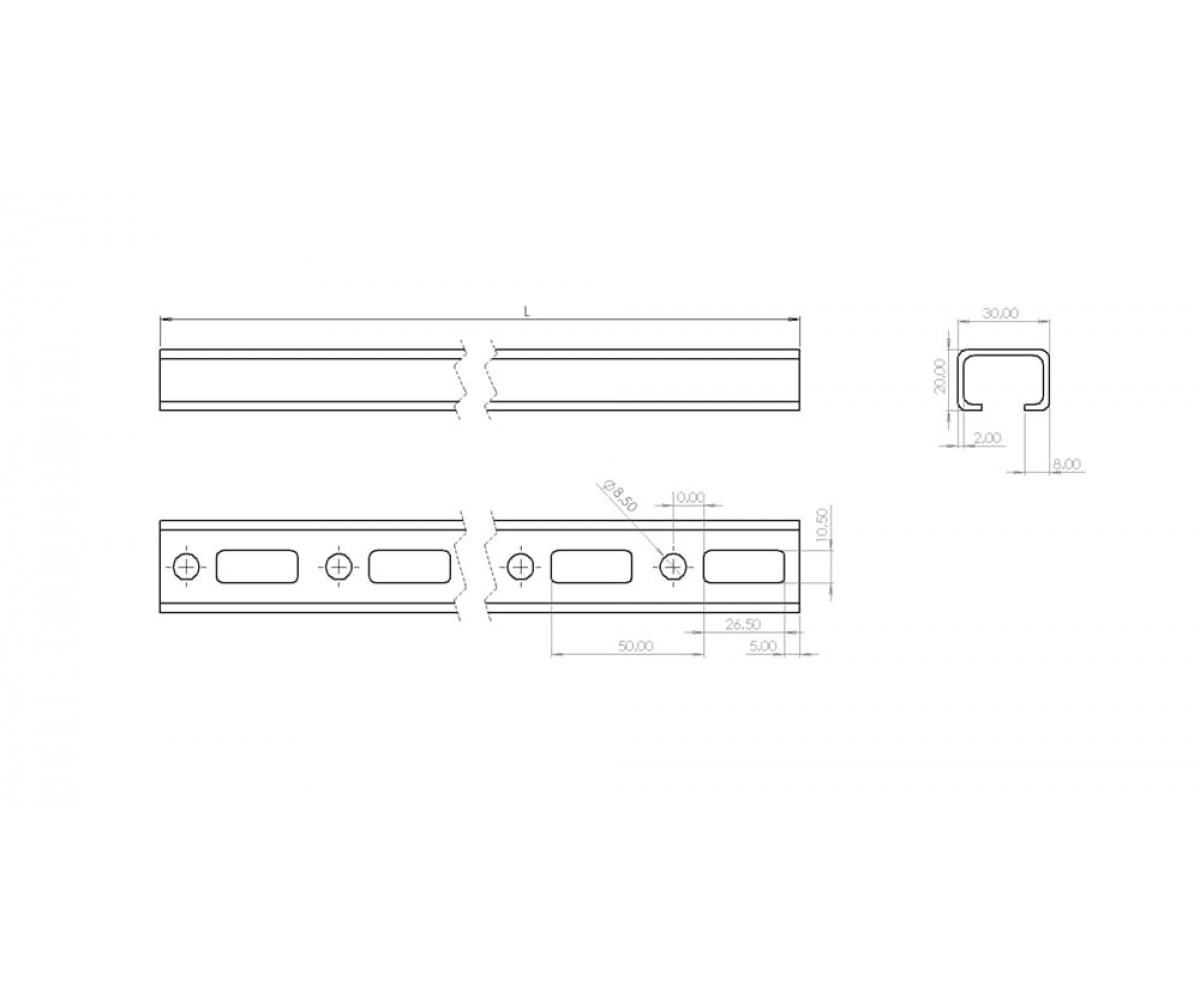Профиль перф. С-образный оцинкованный (перф. круг прямоугольник малый CabLiderRapid) ПЛ-С(кпм)-30х20-1,5-3000