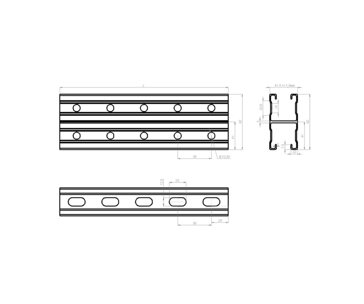Страт-профиль двойной (траверса) усиленный ребрами жесткости с зубчатой накаткой оцинкованный СП2-41х41-2,0-1800