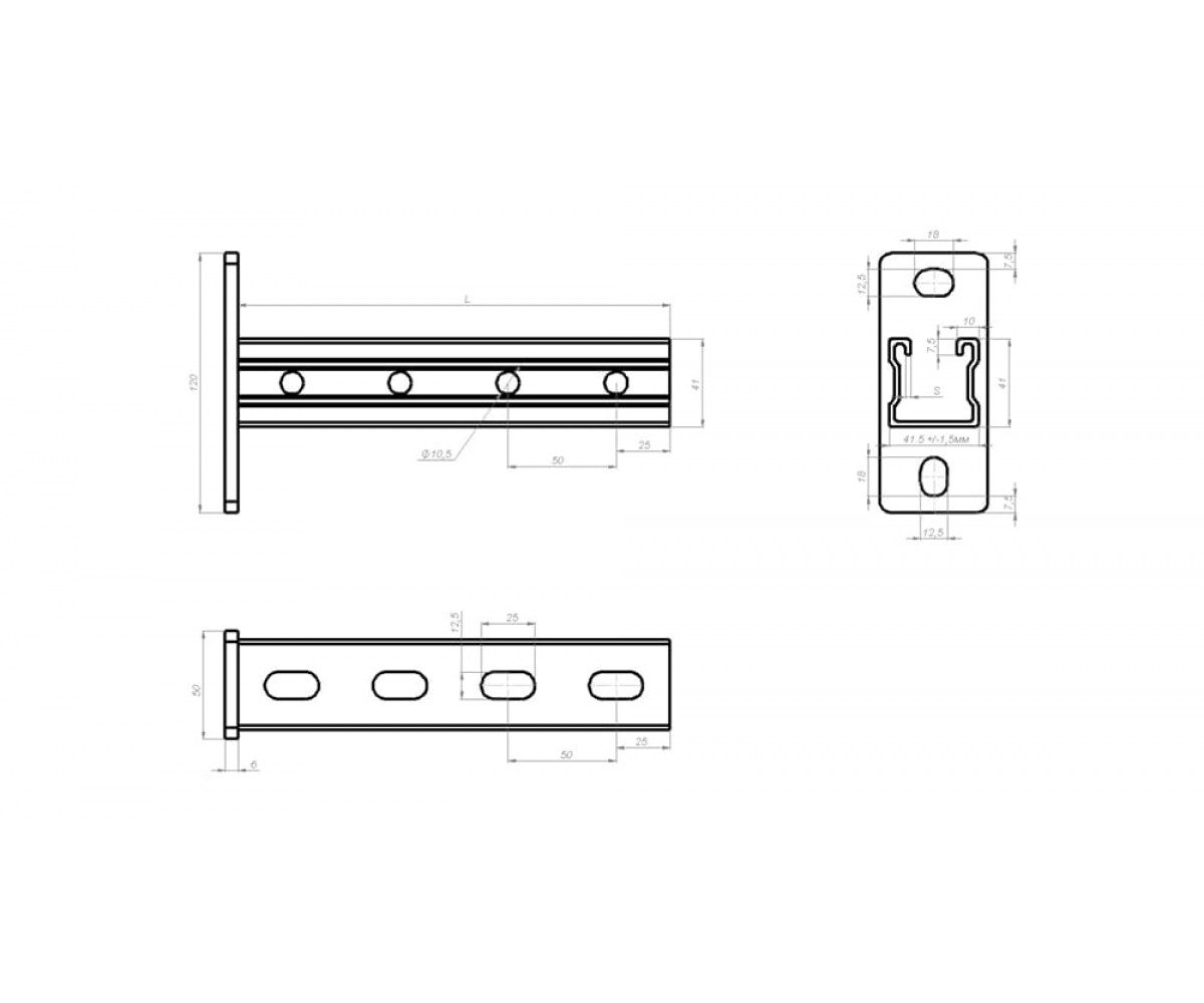 Настенный кронштейн усиленный "Strut" (41х41х1,5) основание (120х50х6) 550мм электрохимическое цинкования НКУС1эц(мн)-550