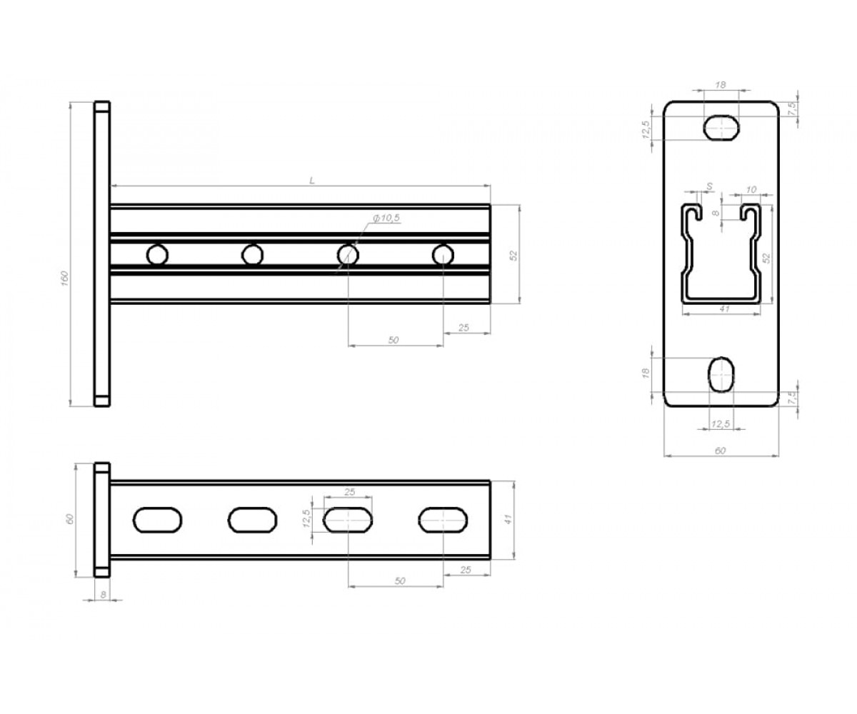 Настенный кронштейн усиленный "Strut" (41х52х2,5)  основание (160х60х8) 550мм НКУС52(вн)-550