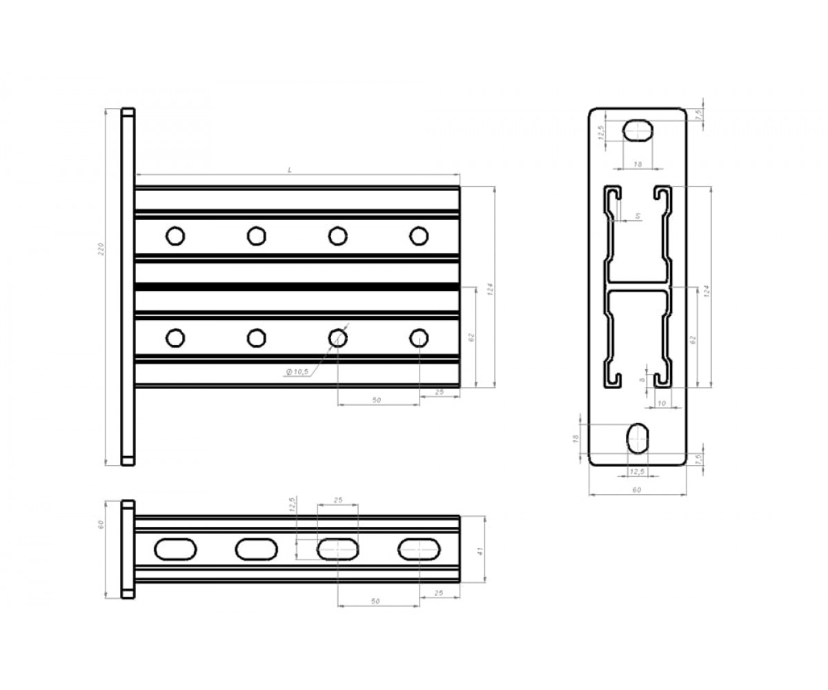 Настенный кронштейн усиленный двойной "Strut" (41х124х2,5)  основание (220х60х8) 400мм НКУС124(вн)-400