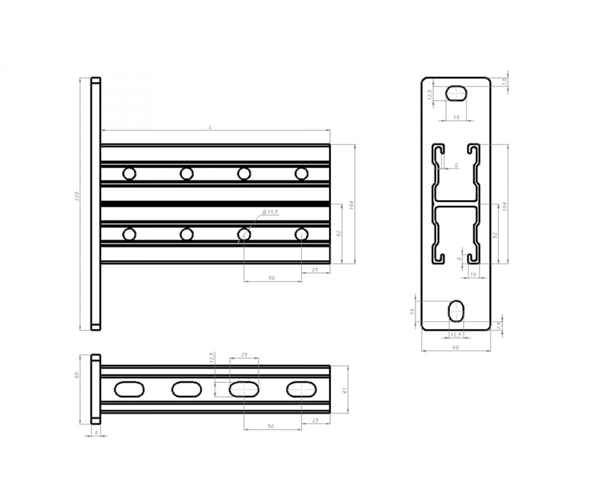 Настенный кронштейн усиленный двойной "Strut" (41х104х2,5)  основание (220х60х8) 350мм НКУС104(вн)-350